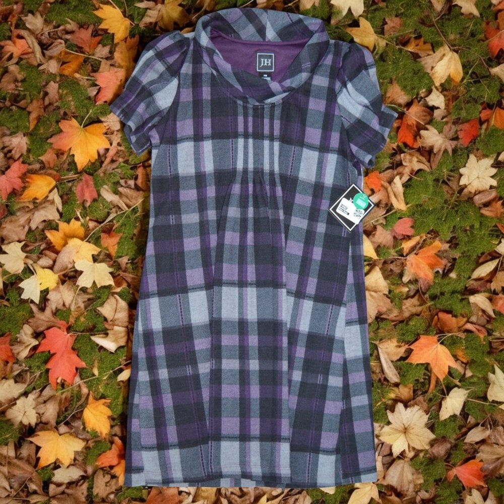 NWT JH Purple Gray Plaid Cowl Neck Sweater Dress Size Petite Medium
